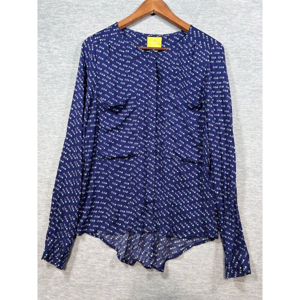 Maeve Navy Blue Button Up‎ Blouse Bird Print Size 12 Long Sleeve Shirt